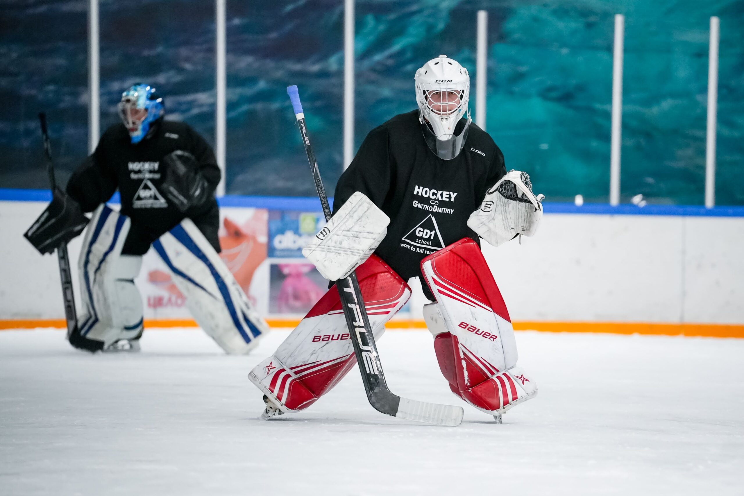 A goalkeeper practicing on the ice